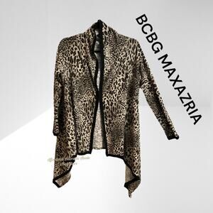BCBG MAXAZRIA Women Cardigan Sweater L Animal Print Drape Knit Asymmetrical Hem